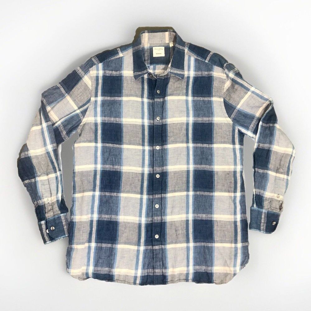 Baird McNutt Murano Button Up Shirt 100% Linen Mens Large Blue Plaid Long Sleeve